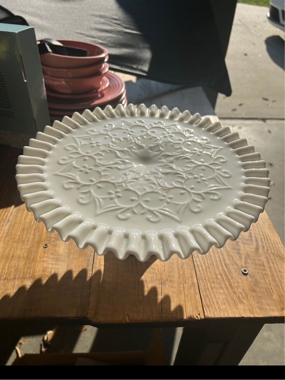White Decorative Milk Glass Cake Stand with Floral Relief